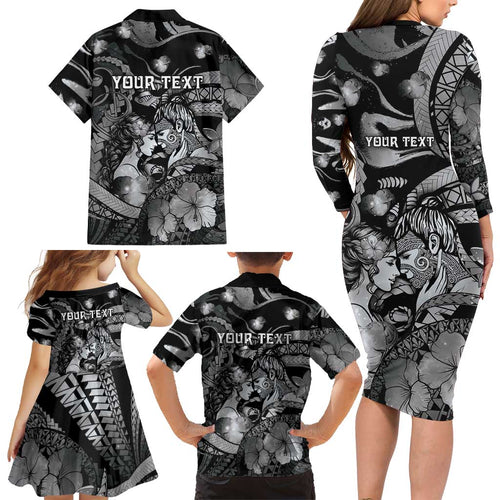 Personalised Maori Romantic Valentine Family Matching Long Sleeve Bodycon Dress and Hawaiian Shirt The Hongi Kiss Black Galaxy