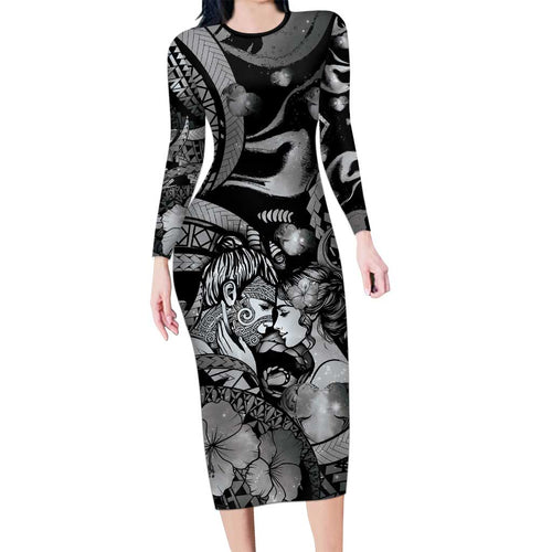 Personalised Maori Romantic Valentine Family Matching Long Sleeve Bodycon Dress and Hawaiian Shirt The Hongi Kiss Black Galaxy