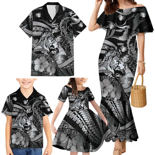 Personalised Maori Romantic Valentine Family Matching Mermaid Dress and Hawaiian Shirt The Hongi Kiss Black Galaxy