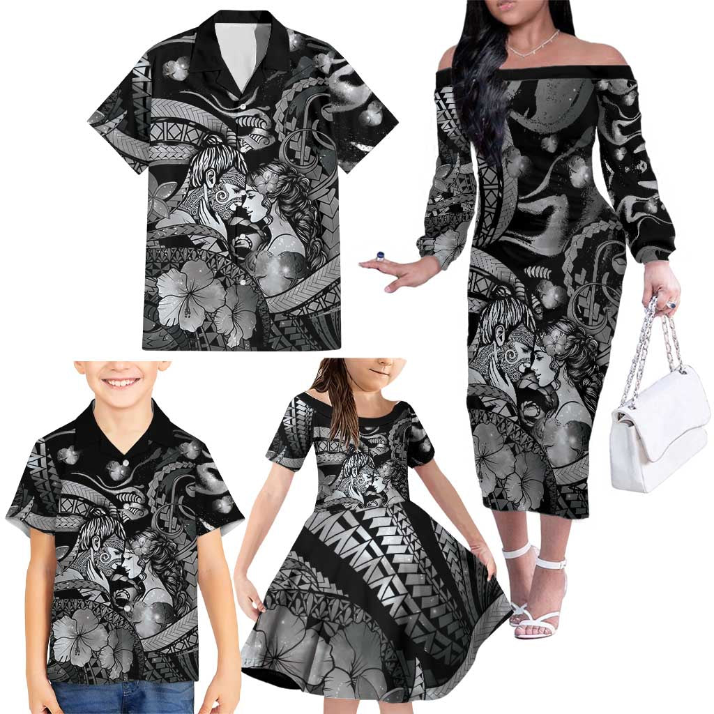 Personalised Maori Romantic Valentine Family Matching Off The Shoulder Long Sleeve Dress and Hawaiian Shirt The Hongi Kiss Black Galaxy