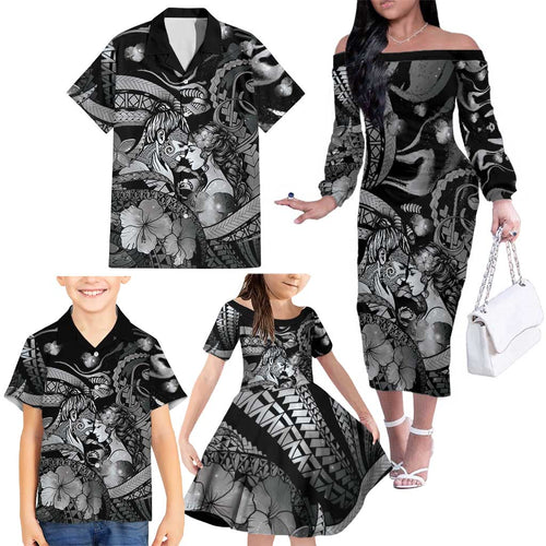Personalised Maori Romantic Valentine Family Matching Off The Shoulder Long Sleeve Dress and Hawaiian Shirt The Hongi Kiss Black Galaxy