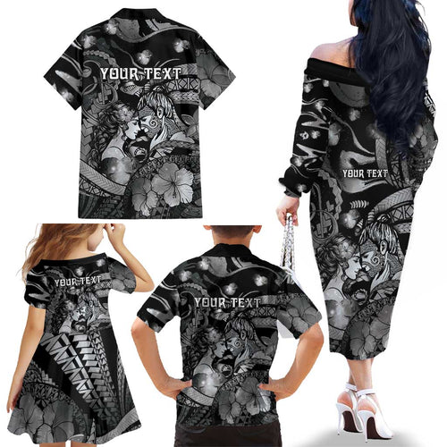 Personalised Maori Romantic Valentine Family Matching Off The Shoulder Long Sleeve Dress and Hawaiian Shirt The Hongi Kiss Black Galaxy