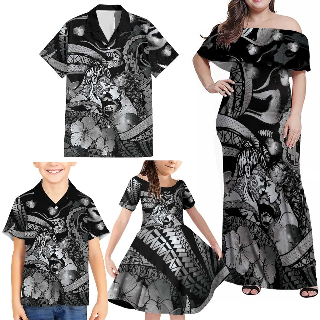 Personalised Maori Romantic Valentine Family Matching Off Shoulder Maxi Dress and Hawaiian Shirt The Hongi Kiss Black Galaxy