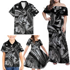 Personalised Maori Romantic Valentine Family Matching Off Shoulder Maxi Dress and Hawaiian Shirt The Hongi Kiss Black Galaxy