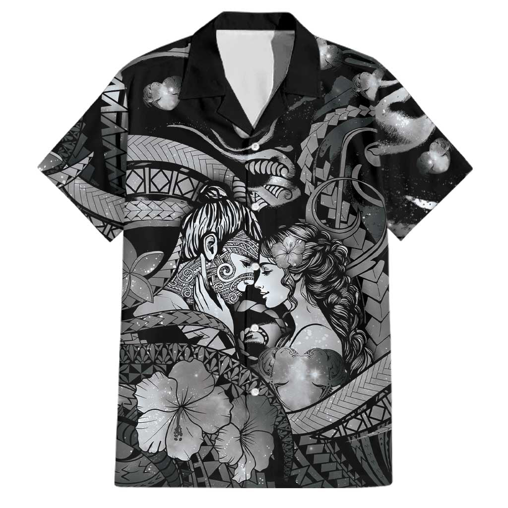 Personalised Maori Romantic Valentine Family Matching Off Shoulder Maxi Dress and Hawaiian Shirt The Hongi Kiss Black Galaxy