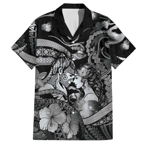 Personalised Maori Romantic Valentine Family Matching Off Shoulder Maxi Dress and Hawaiian Shirt The Hongi Kiss Black Galaxy