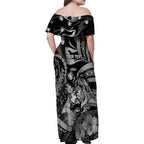 Personalised Maori Romantic Valentine Family Matching Off Shoulder Maxi Dress and Hawaiian Shirt The Hongi Kiss Black Galaxy
