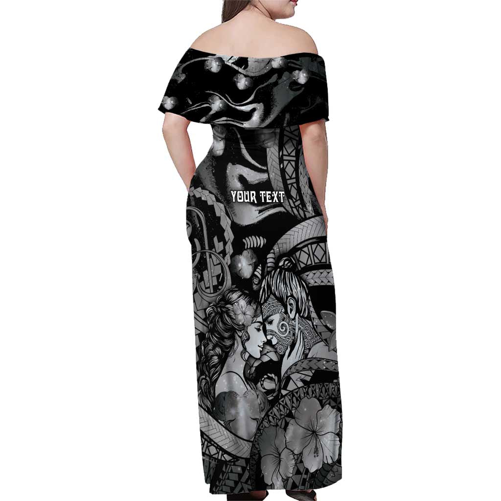 Personalised Maori Romantic Valentine Family Matching Off Shoulder Maxi Dress and Hawaiian Shirt The Hongi Kiss Black Galaxy