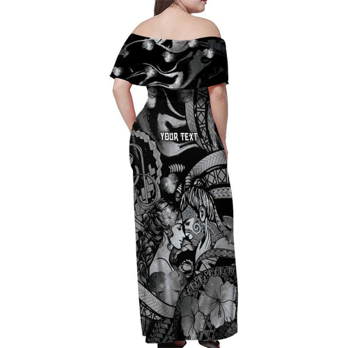 Personalised Maori Romantic Valentine Family Matching Off Shoulder Maxi Dress and Hawaiian Shirt The Hongi Kiss Black Galaxy