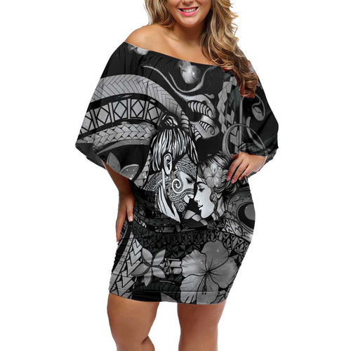 Personalised Maori Romantic Valentine Family Matching Off Shoulder Short Dress and Hawaiian Shirt The Hongi Kiss Black Galaxy