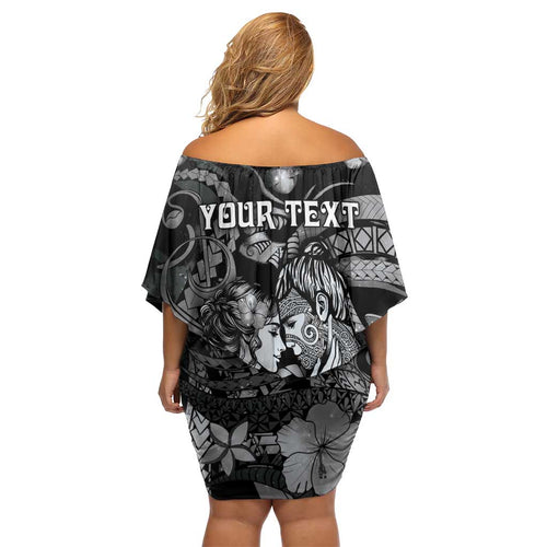 Personalised Maori Romantic Valentine Family Matching Off Shoulder Short Dress and Hawaiian Shirt The Hongi Kiss Black Galaxy