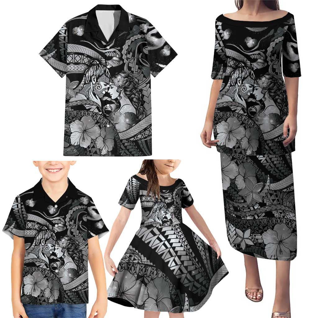 Personalised Maori Romantic Valentine Family Matching Puletasi and Hawaiian Shirt The Hongi Kiss Black Galaxy