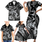 Personalised Maori Romantic Valentine Family Matching Short Sleeve Bodycon Dress and Hawaiian Shirt The Hongi Kiss Black Galaxy