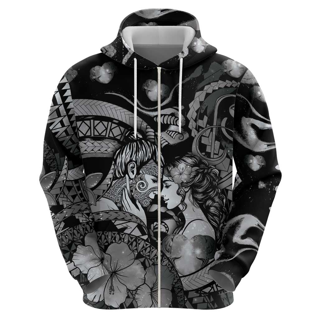 Personalised Maori Romantic Valentine Hoodie The Hongi Kiss Black Galaxy