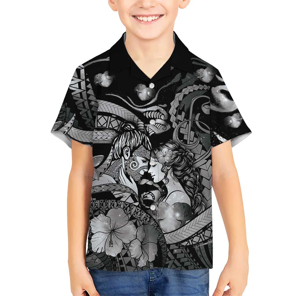 Personalised Maori Romantic Valentine Kid Hawaiian Shirt The Hongi Kiss Black Galaxy