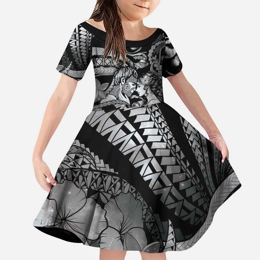 Personalised Maori Romantic Valentine Kid Short Sleeve Dress The Hongi Kiss Black Galaxy