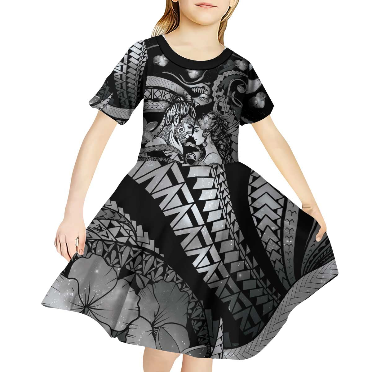Personalised Maori Romantic Valentine Kid Short Sleeve Dress The Hongi Kiss Black Galaxy