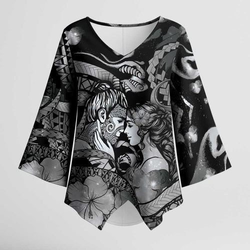 Personalised Maori Romantic Valentine Kimono Sleeve Blouse The Hongi Kiss Black Galaxy