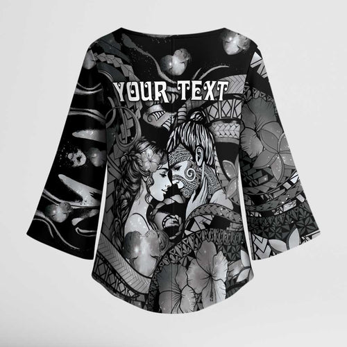 Personalised Maori Romantic Valentine Kimono Sleeve Blouse The Hongi Kiss Black Galaxy