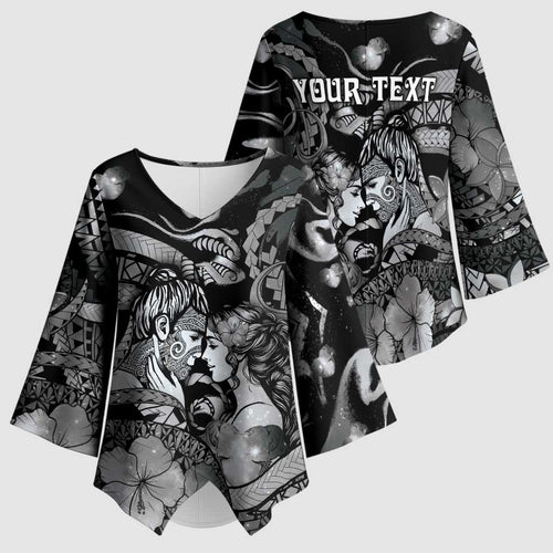 Personalised Maori Romantic Valentine Kimono Sleeve Blouse The Hongi Kiss Black Galaxy