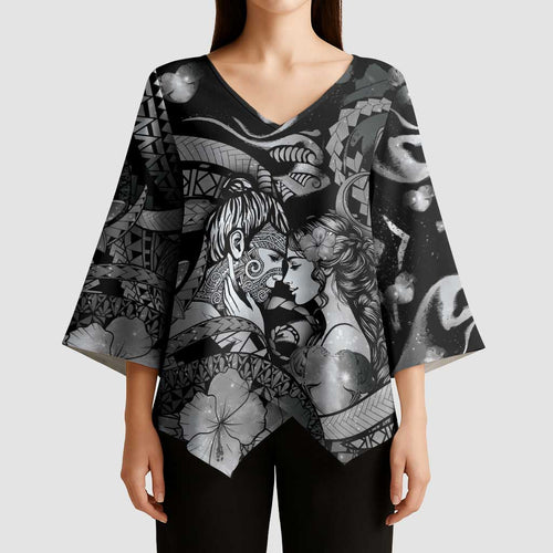 Personalised Maori Romantic Valentine Kimono Sleeve Blouse The Hongi Kiss Black Galaxy