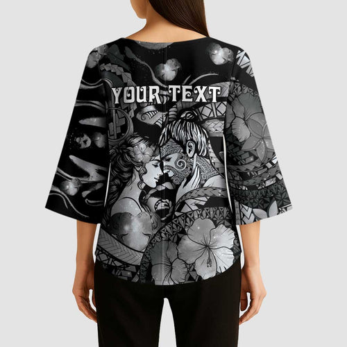 Personalised Maori Romantic Valentine Kimono Sleeve Blouse The Hongi Kiss Black Galaxy