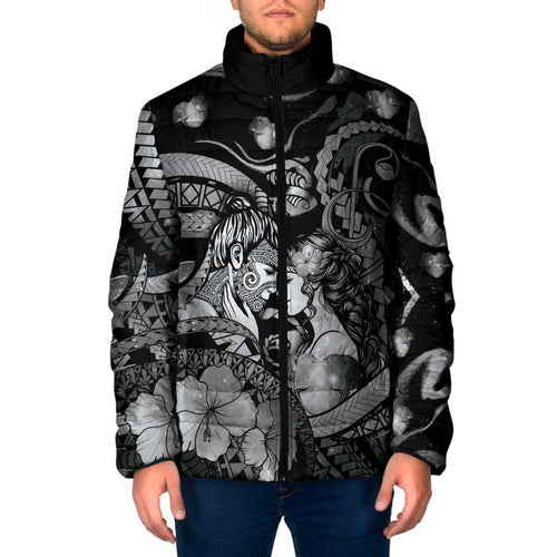Personalised Maori Romantic Valentine Padded Jacket The Hongi Kiss Black Galaxy