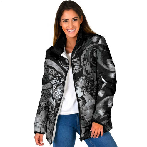 Personalised Maori Romantic Valentine Padded Jacket The Hongi Kiss Black Galaxy