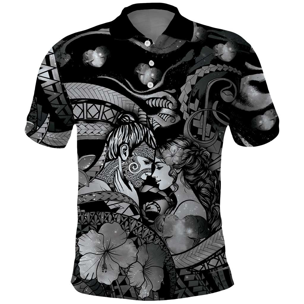 Personalised Maori Romantic Valentine Polo Shirt The Hongi Kiss Black Galaxy