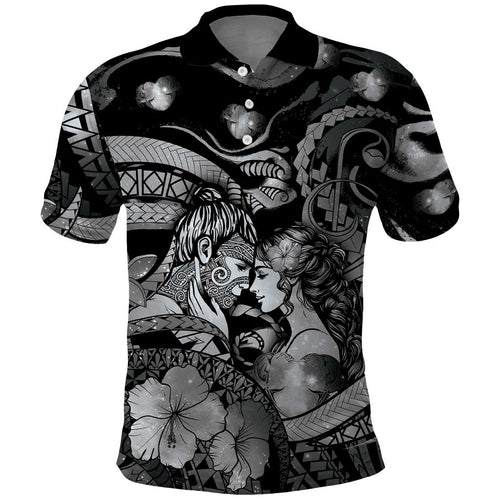 Personalised Maori Romantic Valentine Polo Shirt The Hongi Kiss Black Galaxy