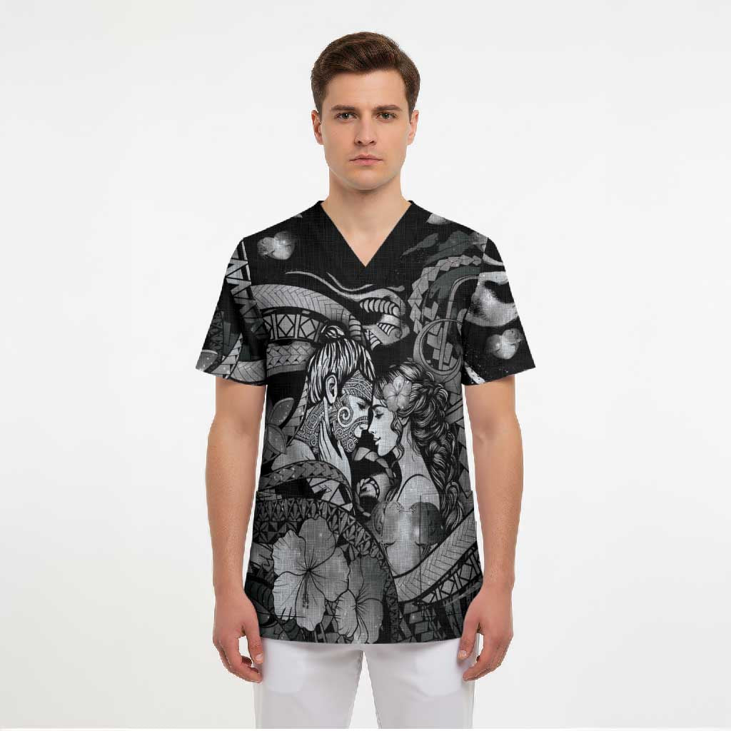 Personalised Maori Romantic Valentine Scrub Top The Hongi Kiss Black Galaxy