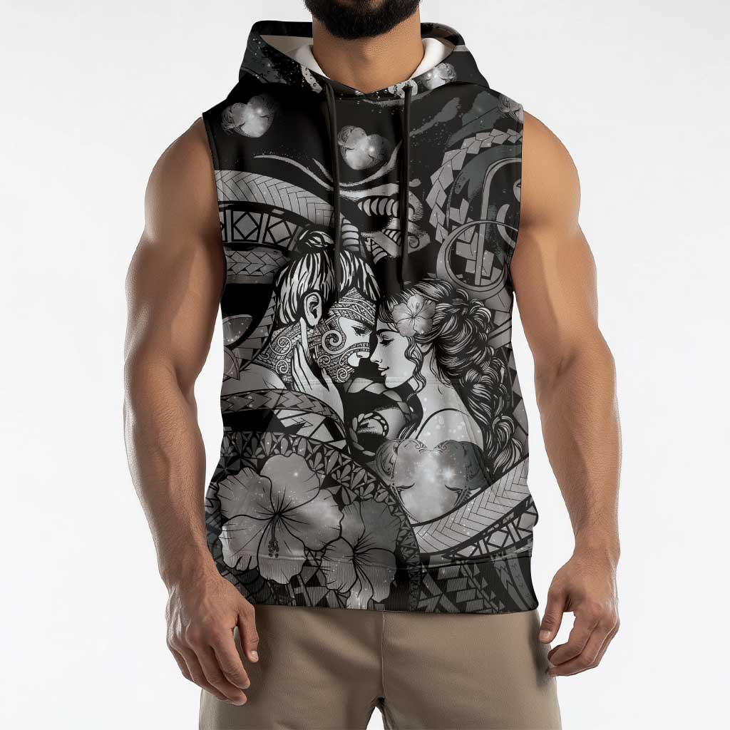 Personalised Maori Romantic Valentine Sleeveless Hoodie The Hongi Kiss Black Galaxy