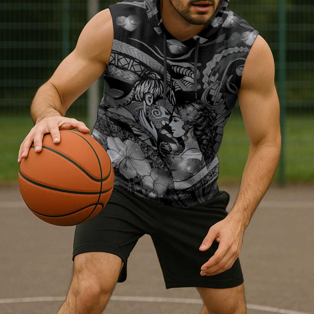 Personalised Maori Romantic Valentine Sleeveless Hoodie The Hongi Kiss Black Galaxy