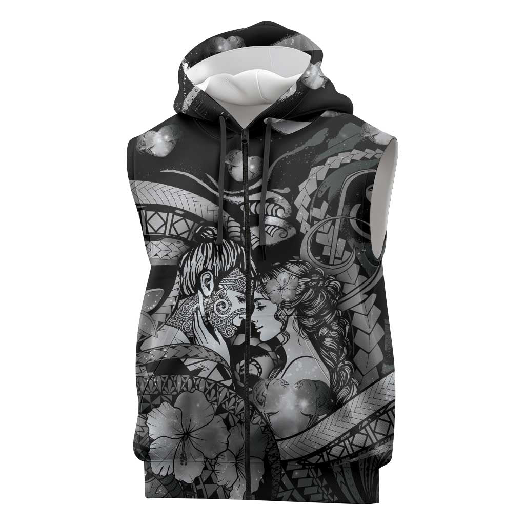 Personalised Maori Romantic Valentine Sleeveless Zip Hoodie The Hongi Kiss Black Galaxy