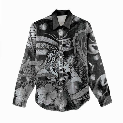 Personalised Maori Romantic Valentine Women Casual Shirt The Hongi Kiss Black Galaxy
