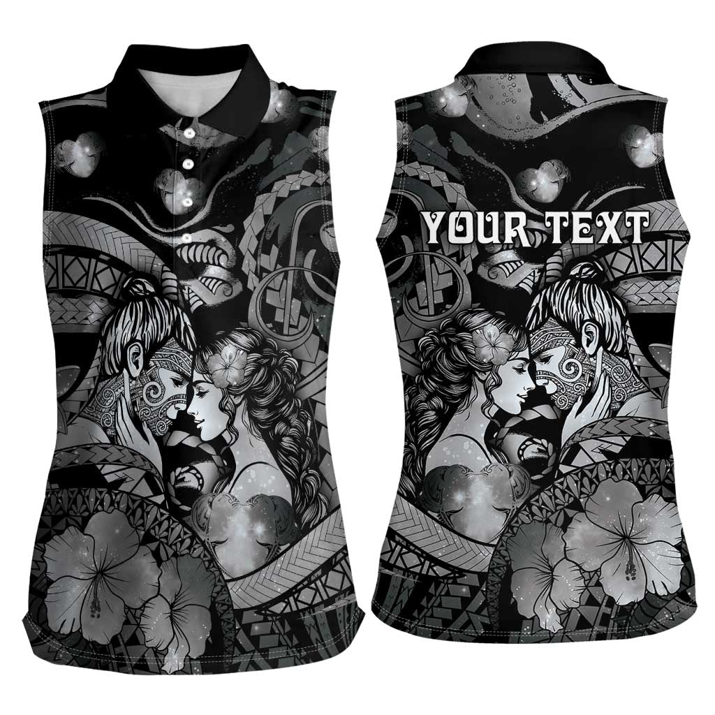 Personalised Maori Romantic Valentine Women Sleeveless Polo Shirt The Hongi Kiss Black Galaxy