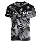 Personalised Maori Romantic Valentine Women V-Neck T-Shirt The Hongi Kiss Black Galaxy
