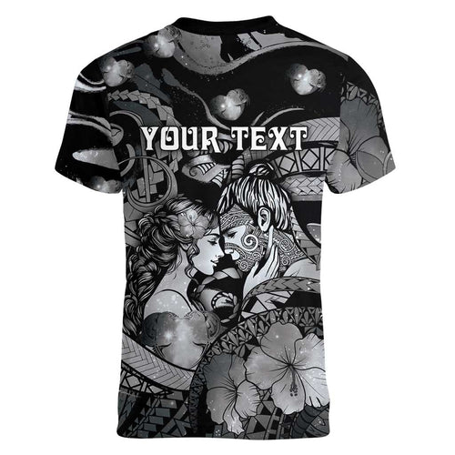 Personalised Maori Romantic Valentine Women V-Neck T-Shirt The Hongi Kiss Black Galaxy