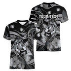 Personalised Maori Romantic Valentine Women V-Neck T-Shirt The Hongi Kiss Black Galaxy