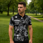 Personalised Maori Romantic Valentine Zipper Polo Shirt The Hongi Kiss Black Galaxy