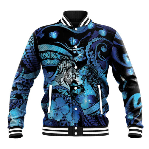 Personalised Maori Romantic Valentine Baseball Jacket The Hongi Kiss Blue Galaxy