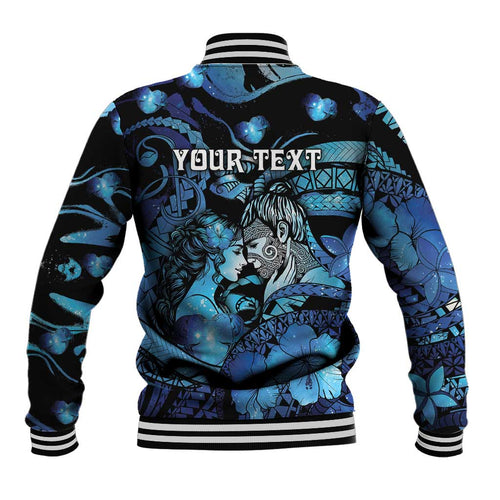 Personalised Maori Romantic Valentine Baseball Jacket The Hongi Kiss Blue Galaxy