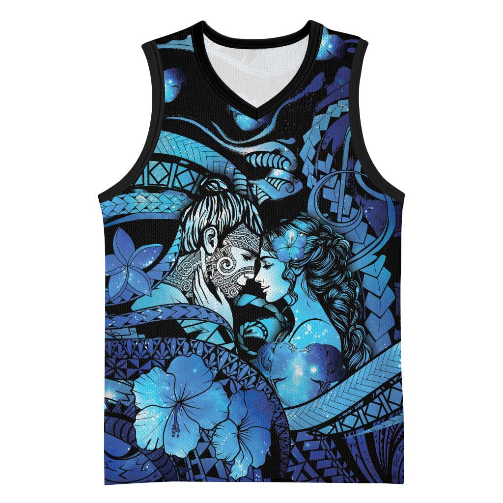 Personalised Maori Romantic Valentine Basketball Jersey The Hongi Kiss Blue Galaxy