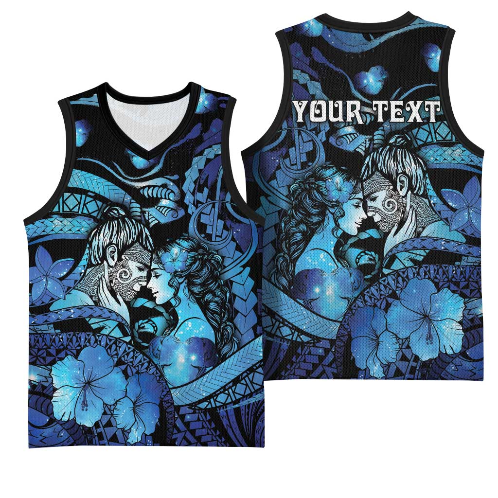 Personalised Maori Romantic Valentine Basketball Jersey The Hongi Kiss Blue Galaxy