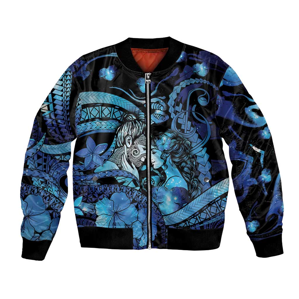 Personalised Maori Romantic Valentine Bomber Jacket The Hongi Kiss Blue Galaxy