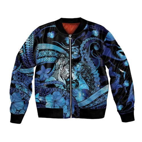 Personalised Maori Romantic Valentine Bomber Jacket The Hongi Kiss Blue Galaxy