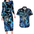 Personalised Maori Romantic Valentine Couples Matching Long Sleeve Bodycon Dress and Hawaiian Shirt The Hongi Kiss Blue Galaxy