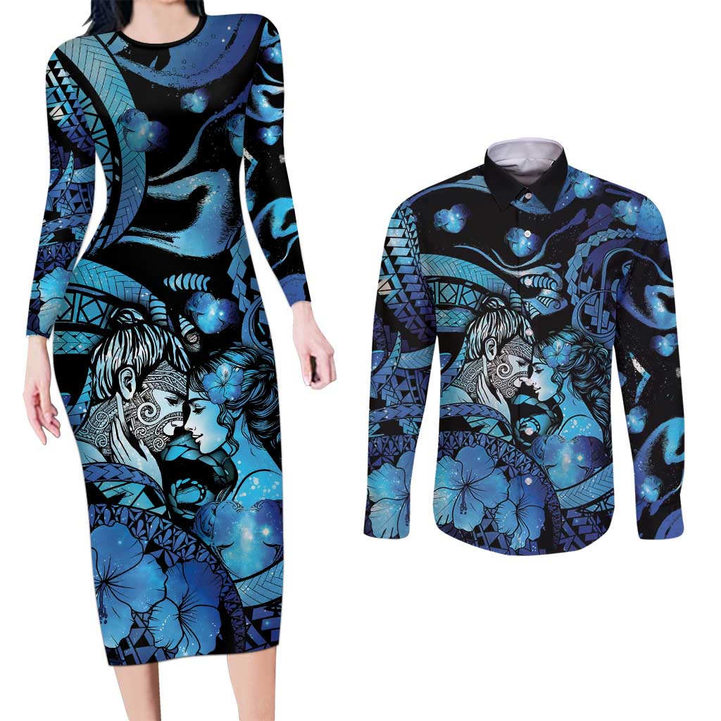 Personalised Maori Romantic Valentine Couples Matching Long Sleeve Bodycon Dress and Long Sleeve Button Shirt The Hongi Kiss Blue Galaxy