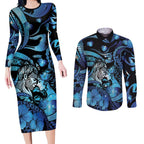 Personalised Maori Romantic Valentine Couples Matching Long Sleeve Bodycon Dress and Long Sleeve Button Shirt The Hongi Kiss Blue Galaxy