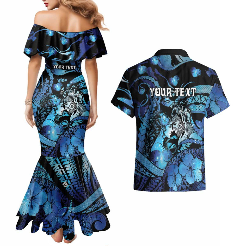 Personalised Maori Romantic Valentine Couples Matching Mermaid Dress and Hawaiian Shirt The Hongi Kiss Blue Galaxy